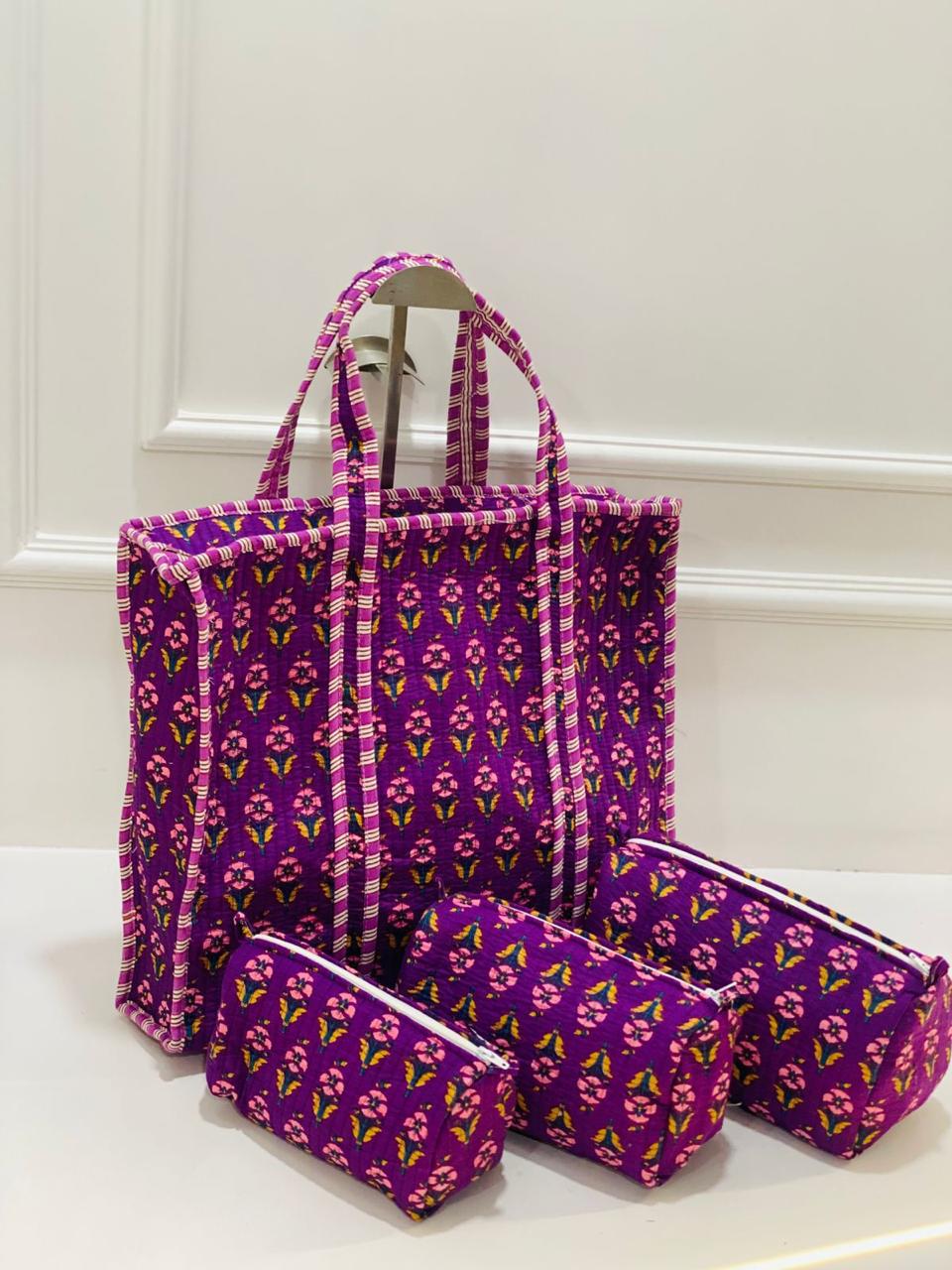 Purple Booti Quilted Tote Bag (Set of 4pcs)