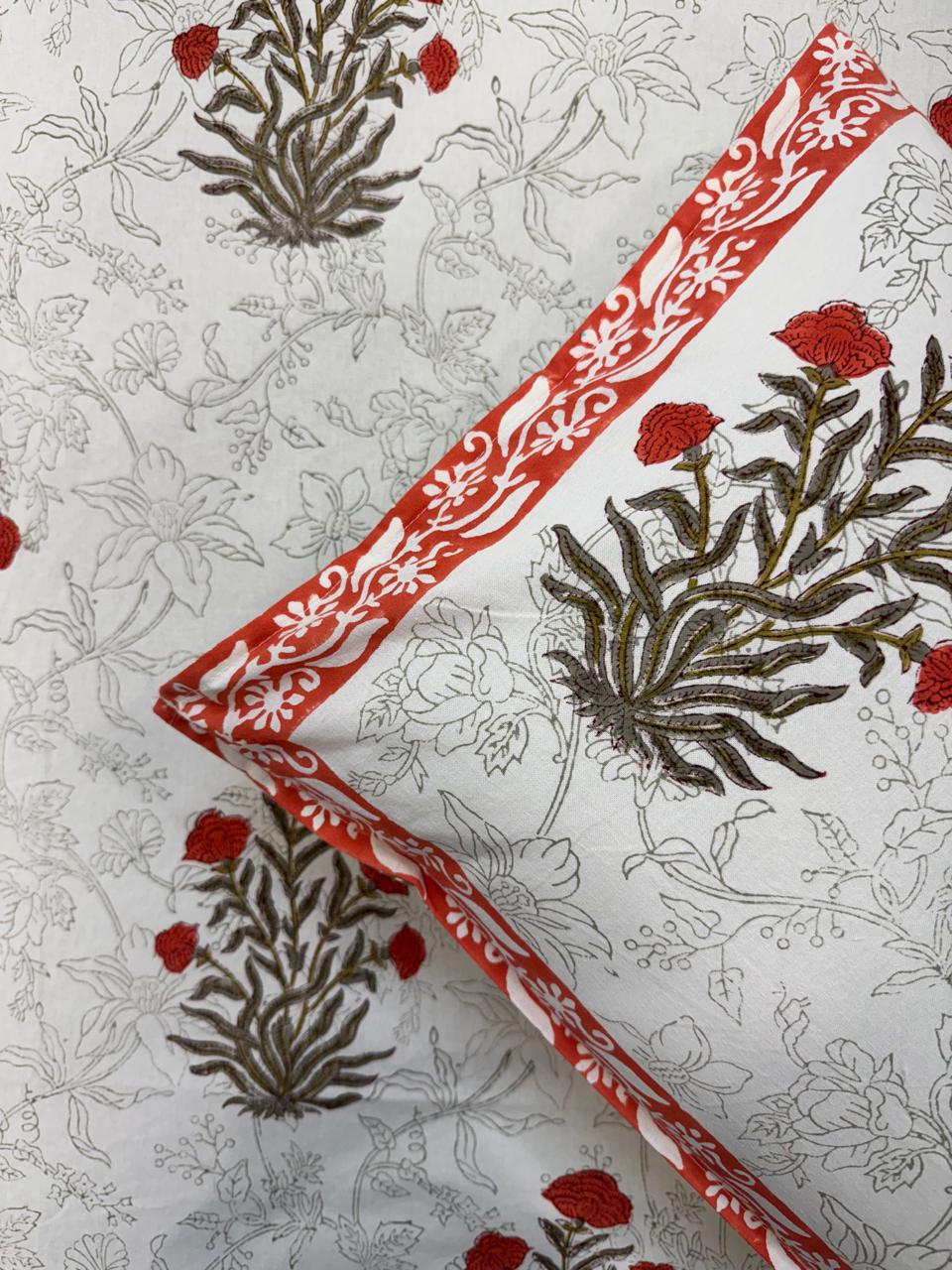 Orange Fern Boota King Bedsheet with Pillow Covers