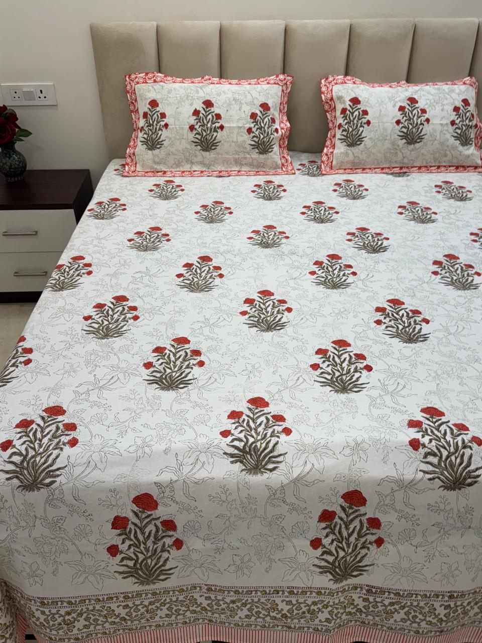 Orange Fern Boota King Bedsheet with Pillow Covers