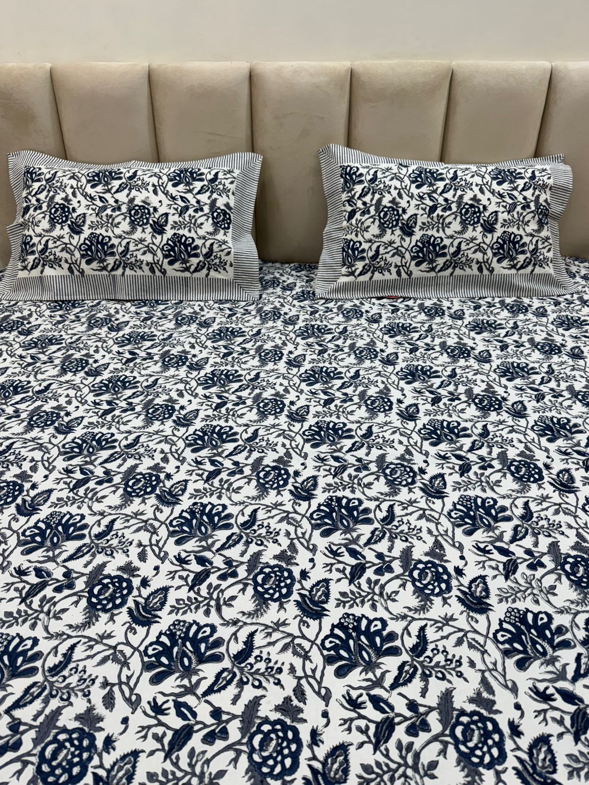 Deep Blue Flora King Bedsheet with Pillow Covers