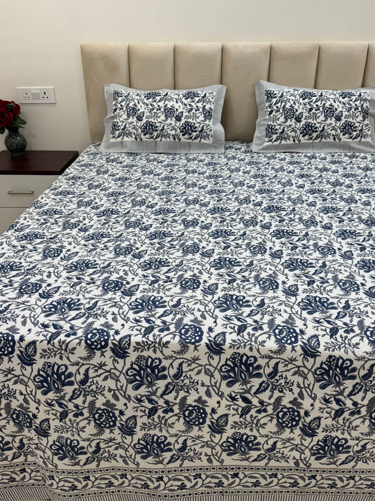Deep Blue Flora King Bedsheet with Pillow Covers