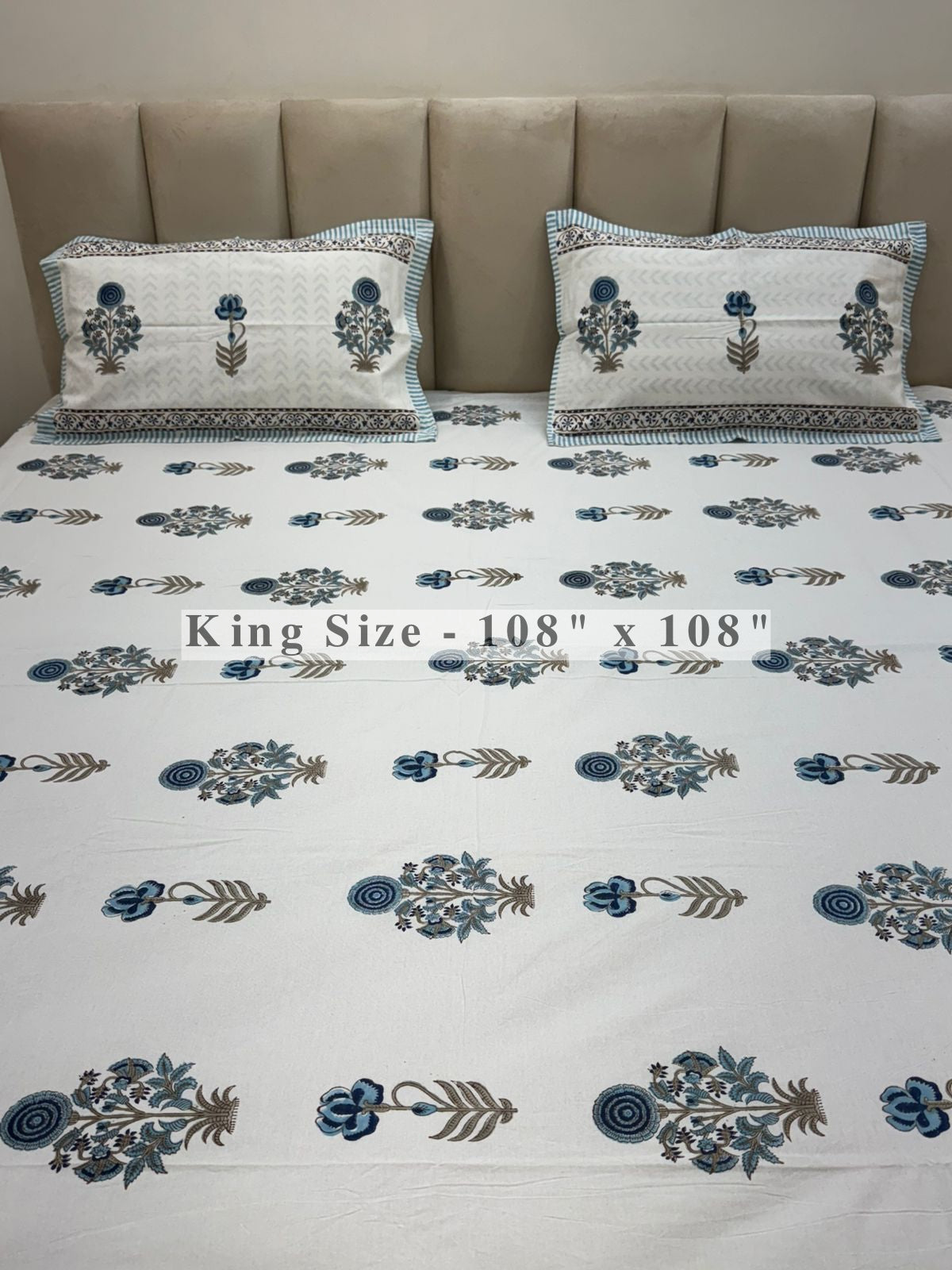 Blue Shahi Gul King Bedsheet with Pillow Covers