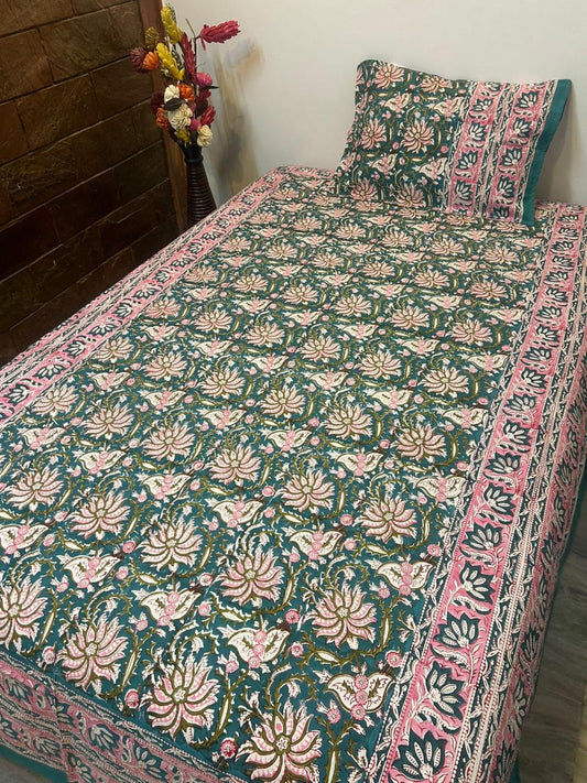 Teal Blossom Single Bedsheet with Pillow Cover