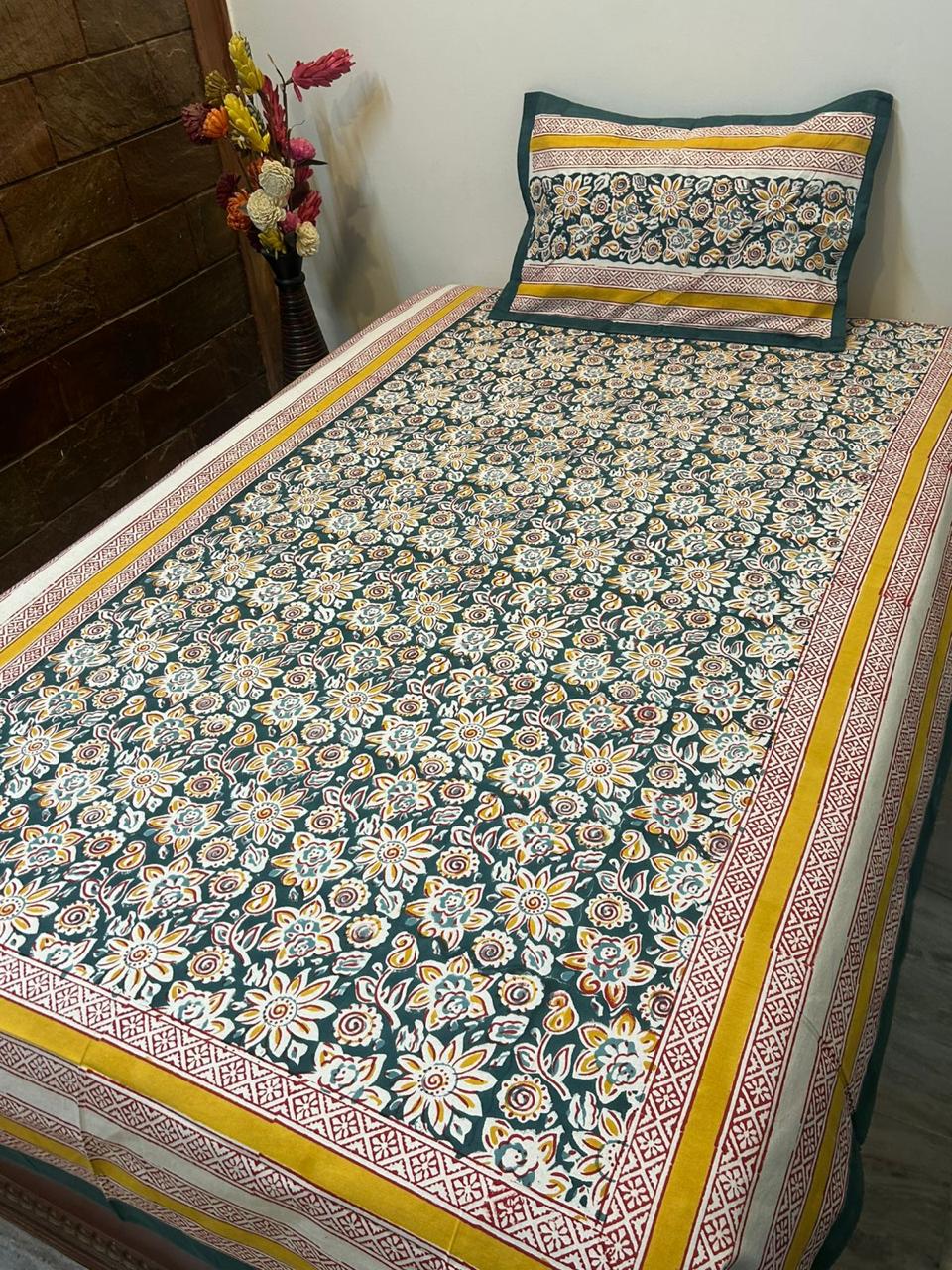 Green Yellow Florals Single Bedsheet with Pillow Cover
