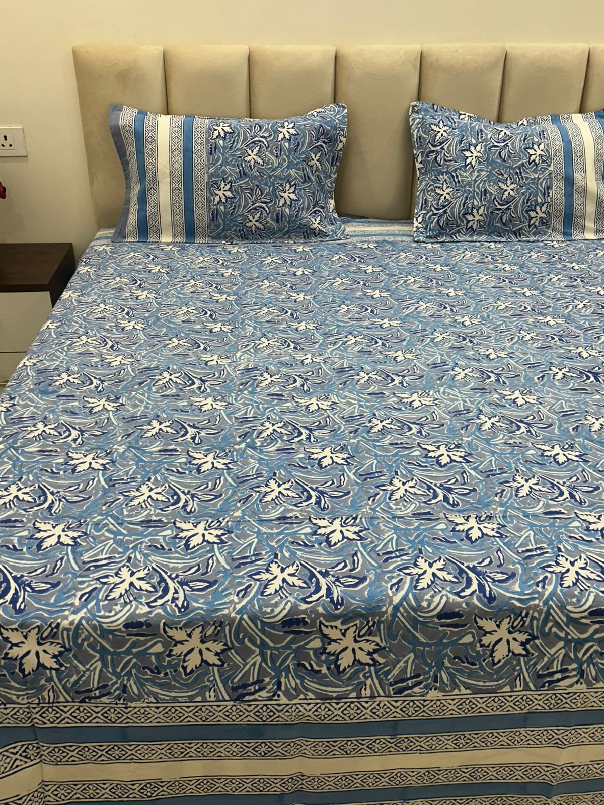 Slate Blue Petals Double Bedsheet with Pillow Covers