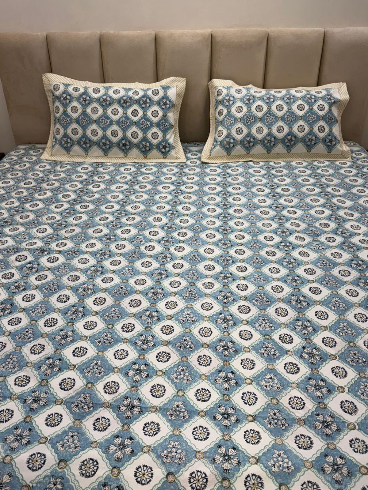 Azure Geometry Double Bedsheet with Pillow Covers