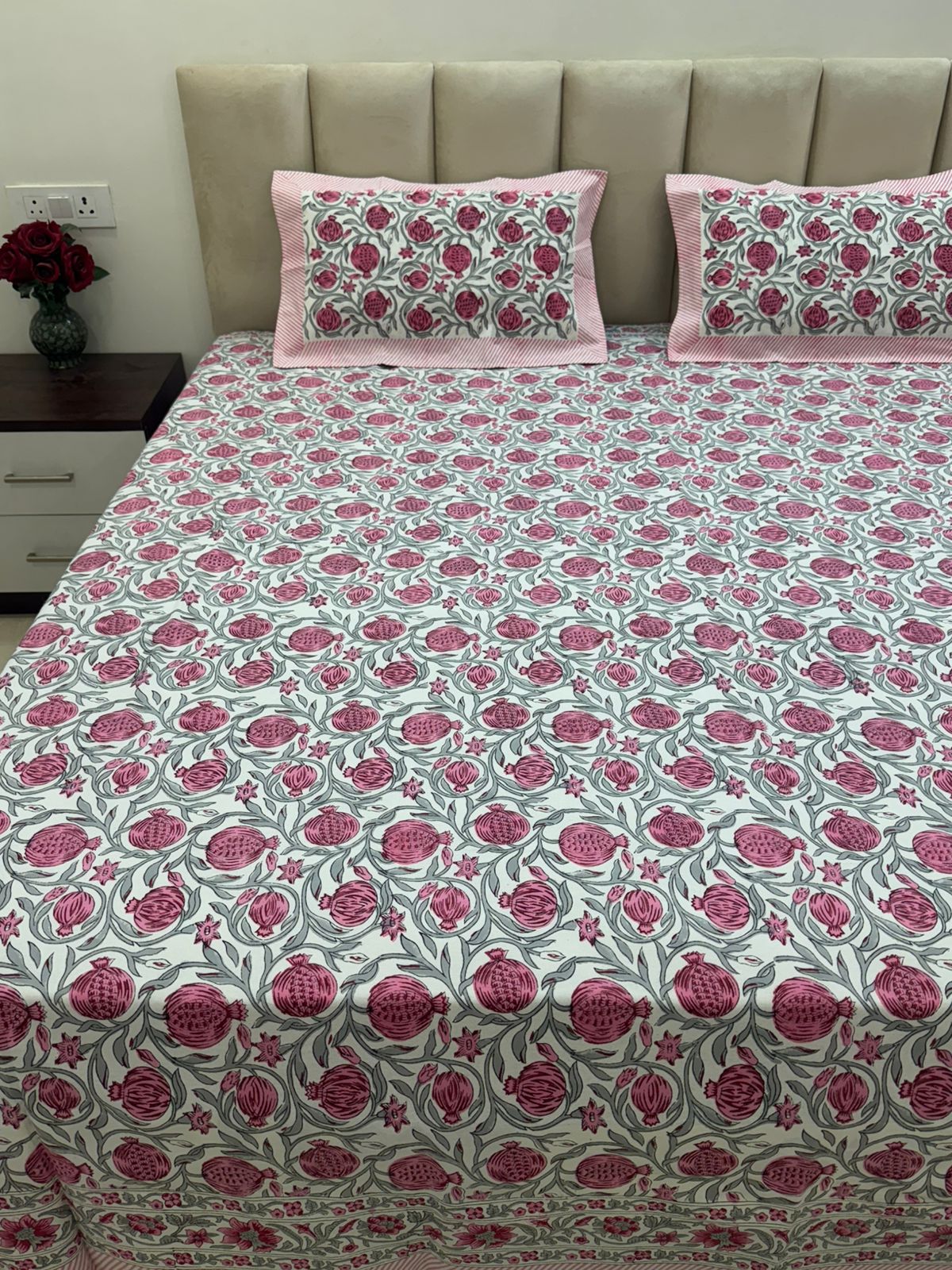 Pink Gray Pomegranate Double Bedsheet with Pillow Covers