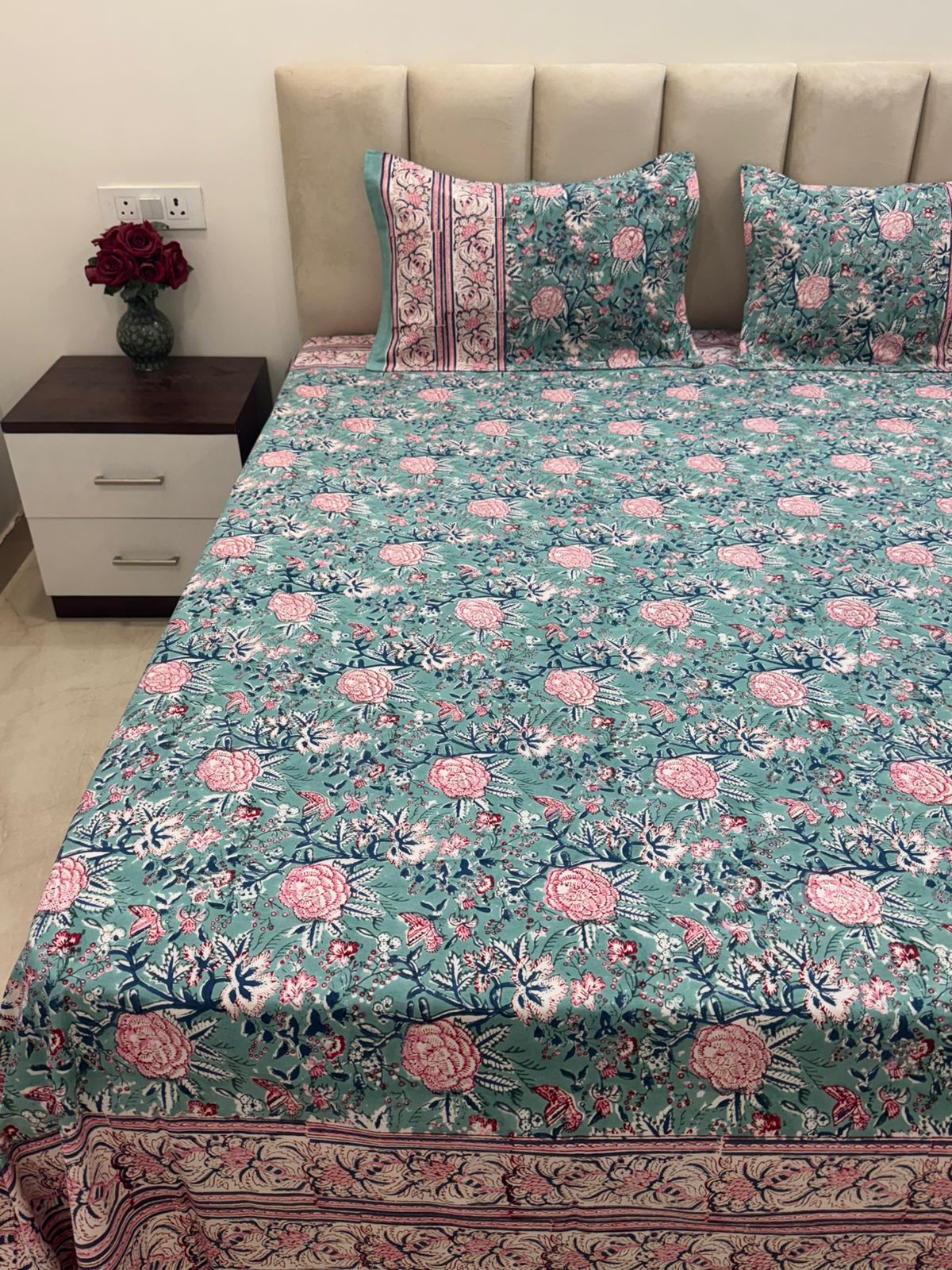 Sea Green Pink Petals Double Bedsheet with Pillow Covers