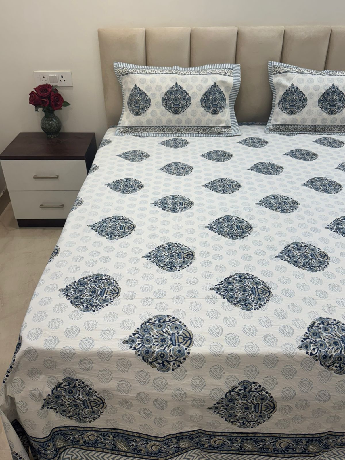Slate Blue Mughal Boota Double Bedsheet with Pillow Covers