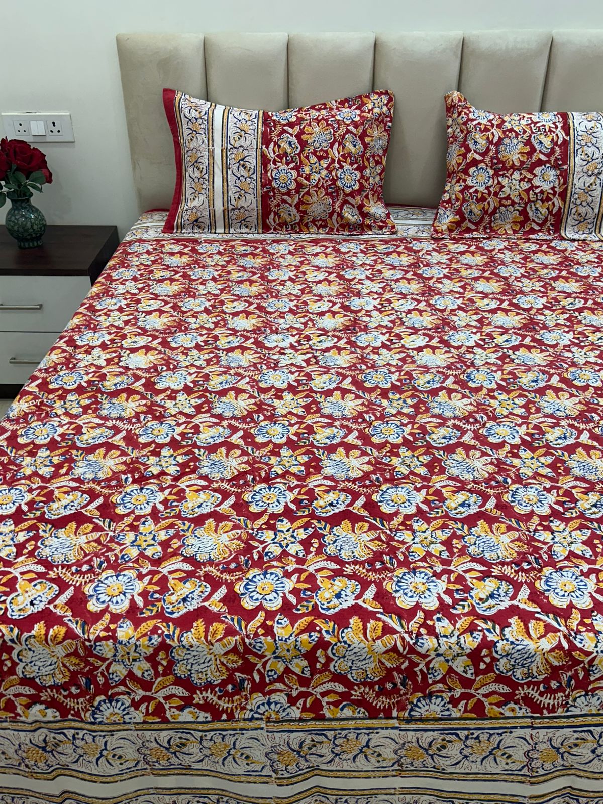 Red Blossom Double Bedsheet with Pillow Covers