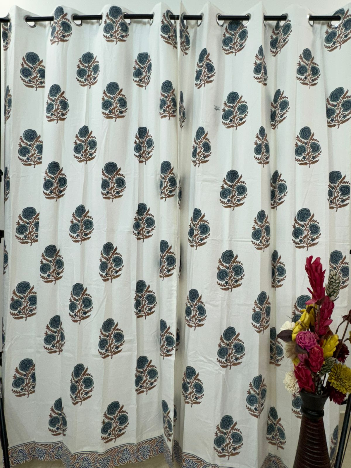 Natural Hue Boota Cotton Curtains 7ft Set(2pcs)