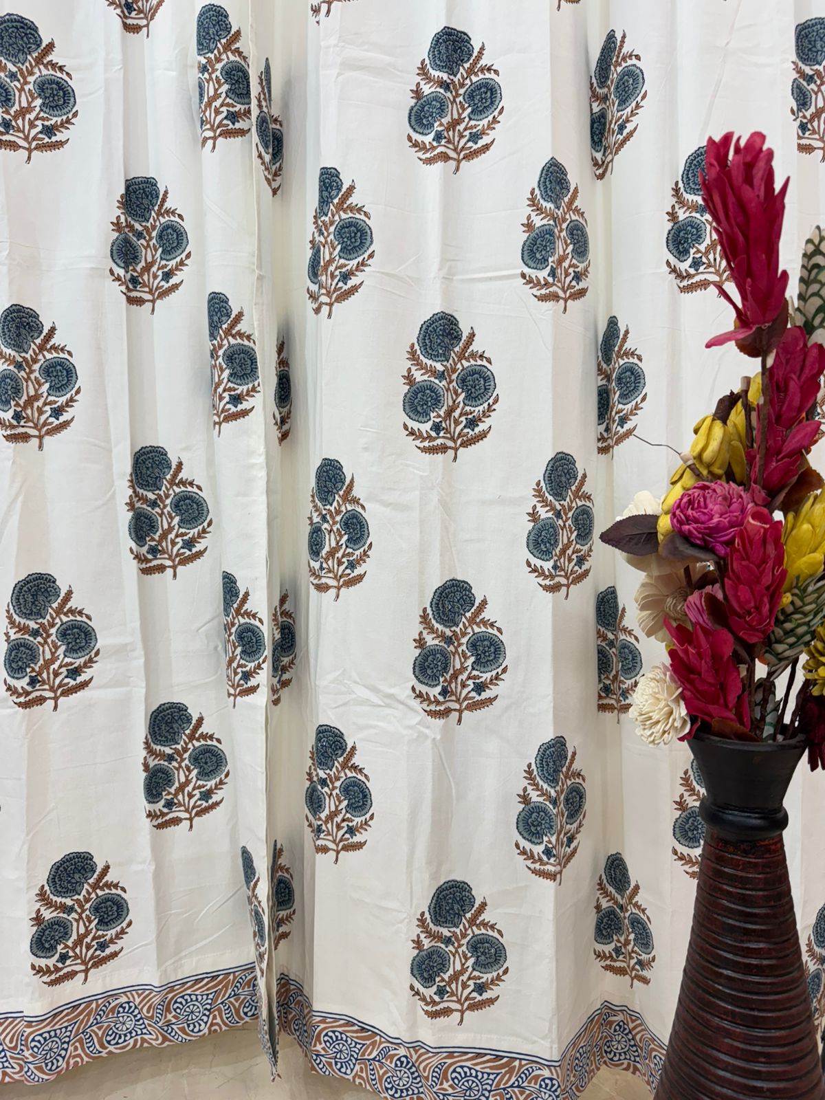 Natural Hue Boota Cotton Curtains 7ft Set(2pcs)