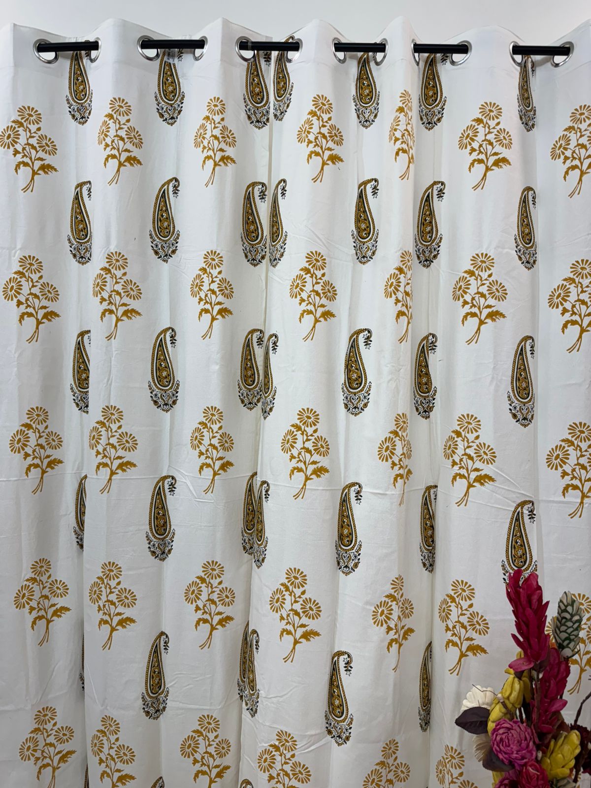 Mustard Boota Paisley Cotton Curtains 7ft Set(2pcs)