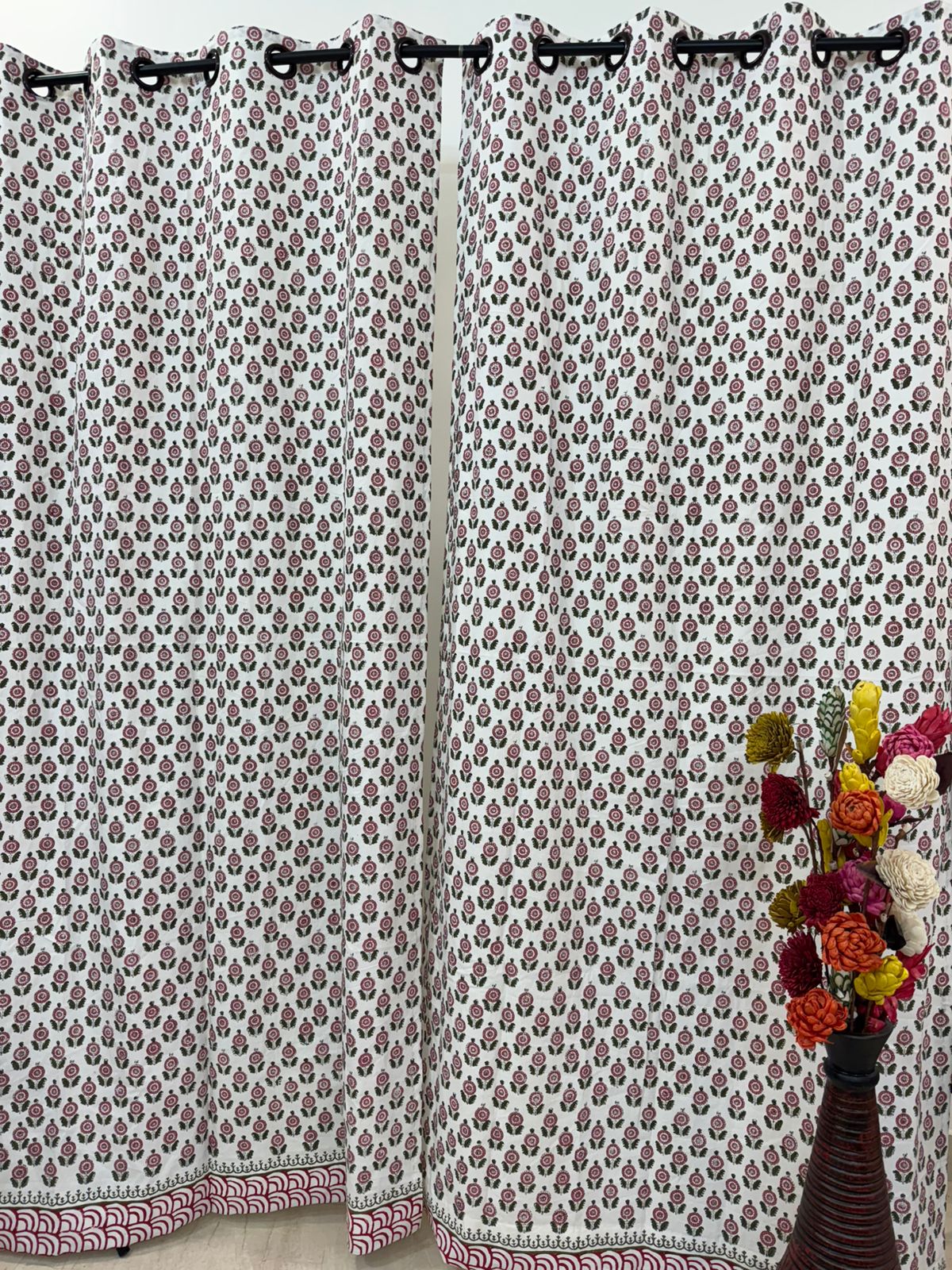 Pink Green Booti Cotton Curtains 9ft Set(2pcs)