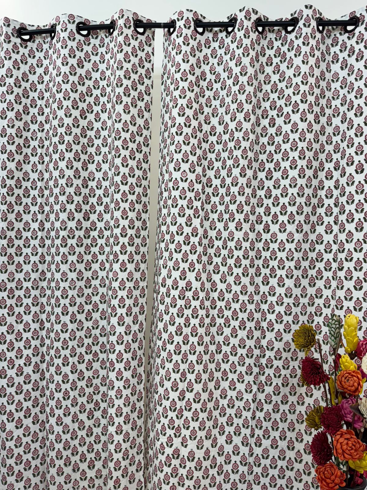 Pink Green Booti Cotton Curtains 9ft Set(2pcs)