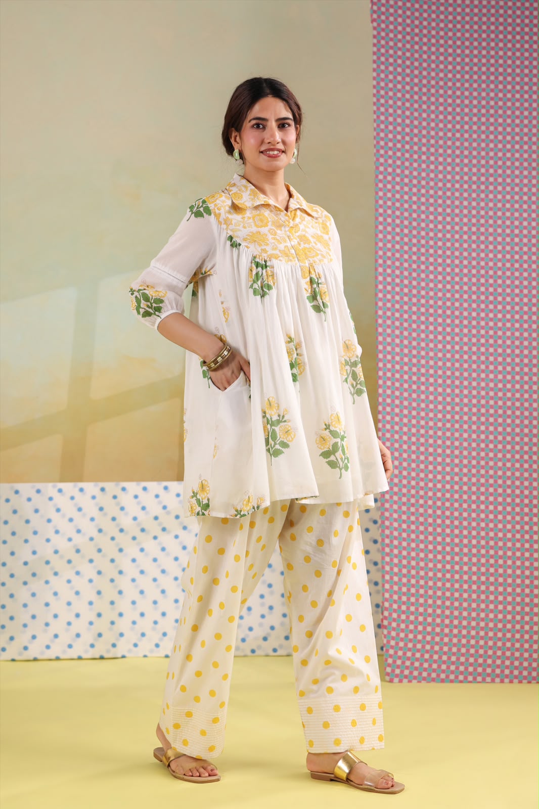 Yellow Boota Mul Cotton Farsi Salwar Co-ord Set