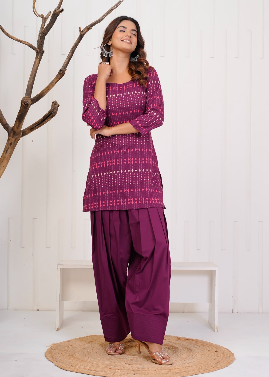 Wine Diamond Stripes Cotton Farsi Co-ord Set