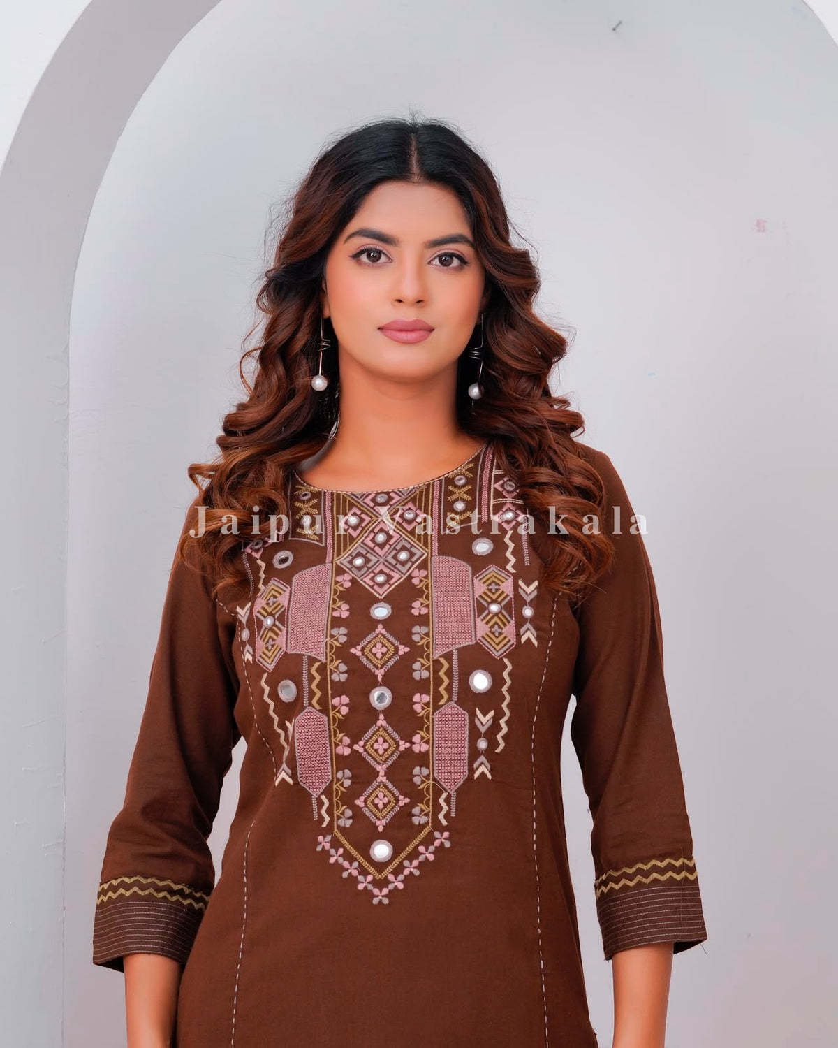 Brown Mirror Embroidery Cotton Flex Co-ord Set