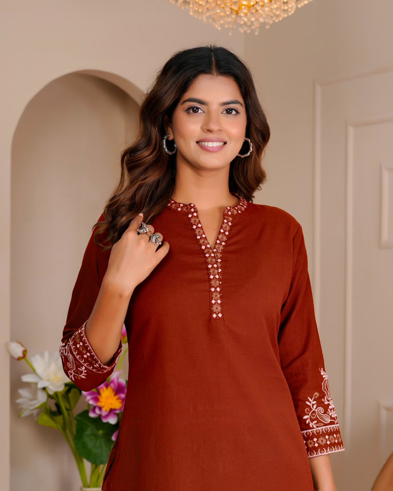 Rust Whisper Cotton Flex Embroidery Co-ord Set