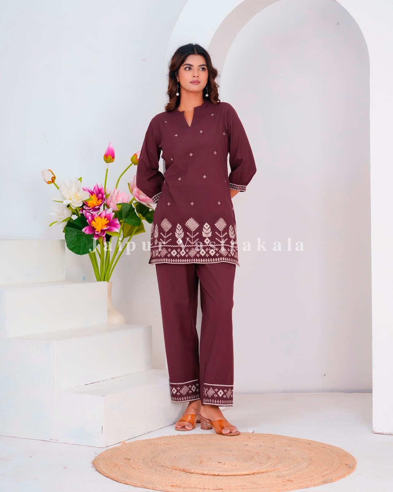 Coffee Geometrical Buds Embroidery Sleeveless Co-ord Set