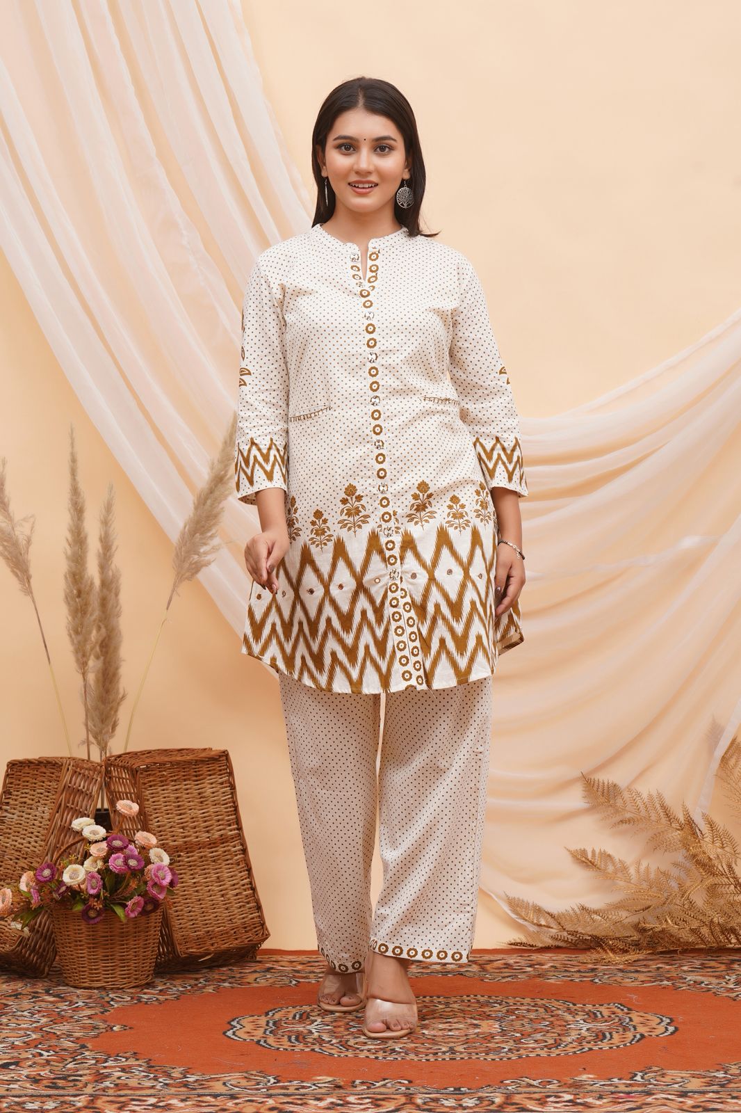 Brown Polka Ikkat Flex Cotton Co-ord Set