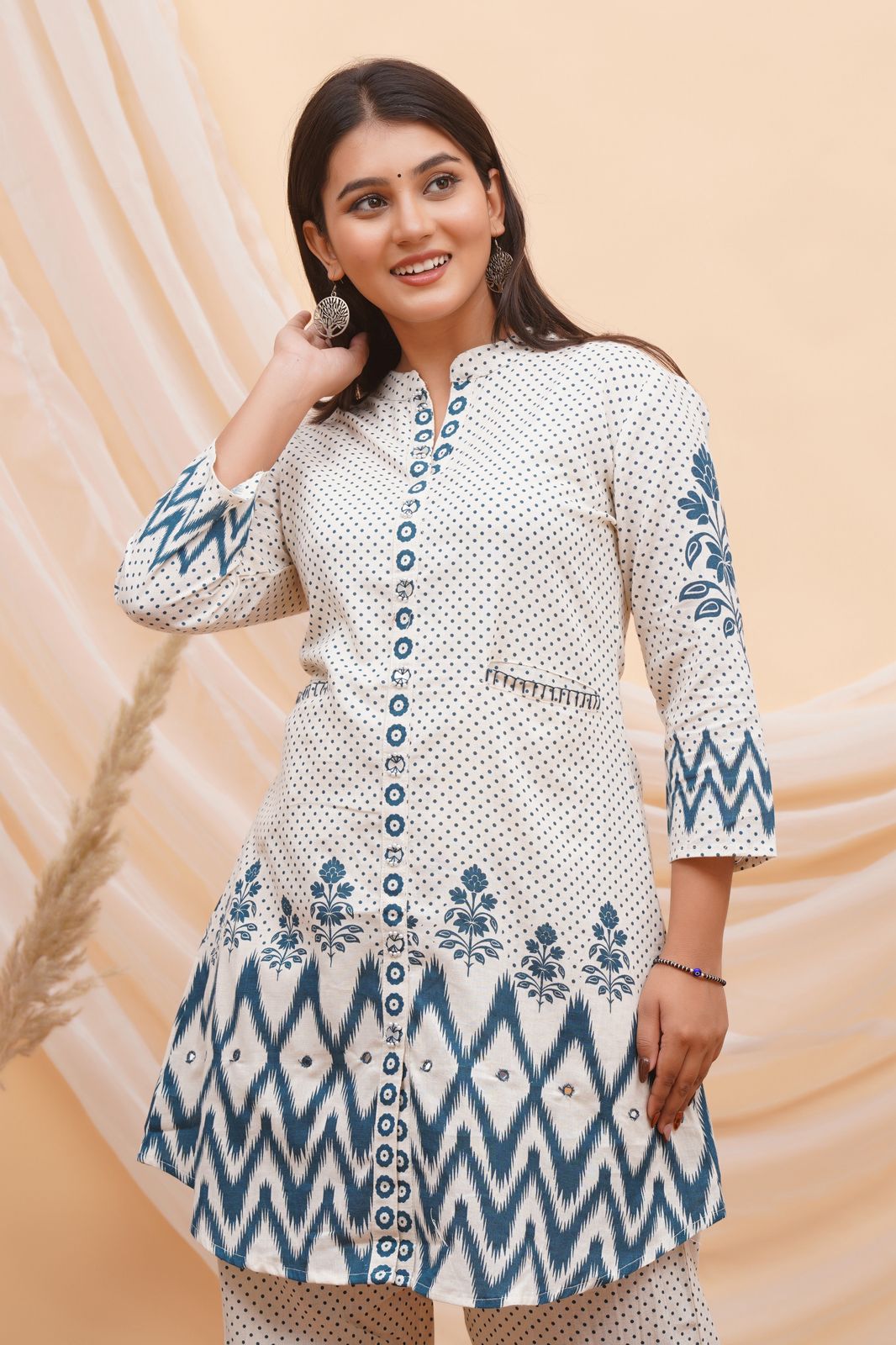 Blue Polka Ikkat Flex Cotton Co-ord Set