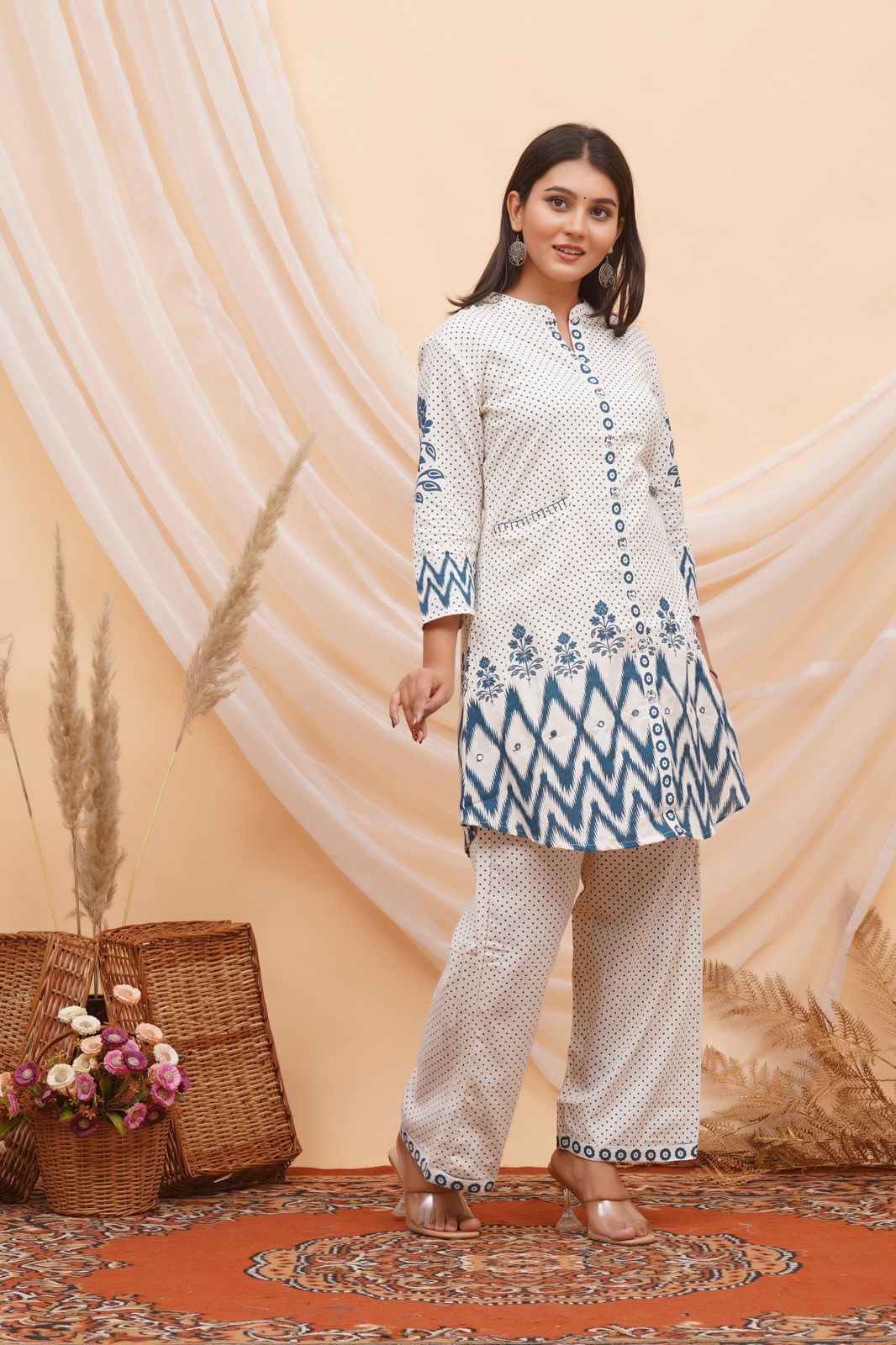 Blue Polka Ikkat Flex Cotton Co-ord Set