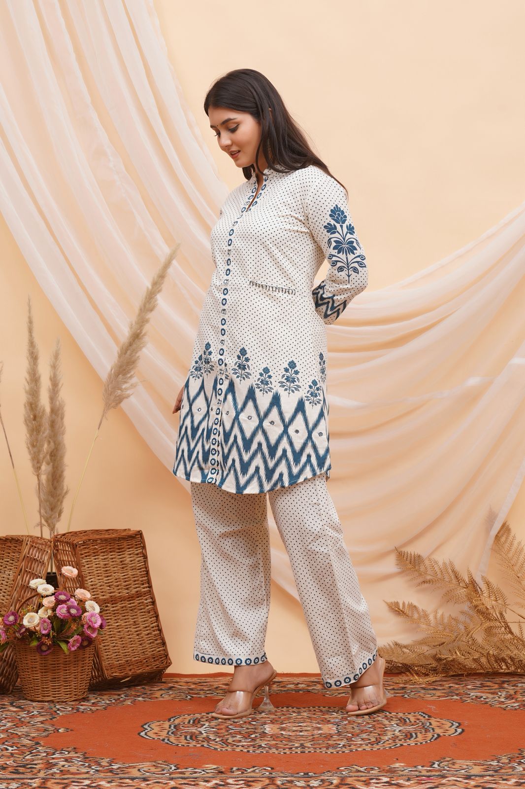 Blue Polka Ikkat Flex Cotton Co-ord Set