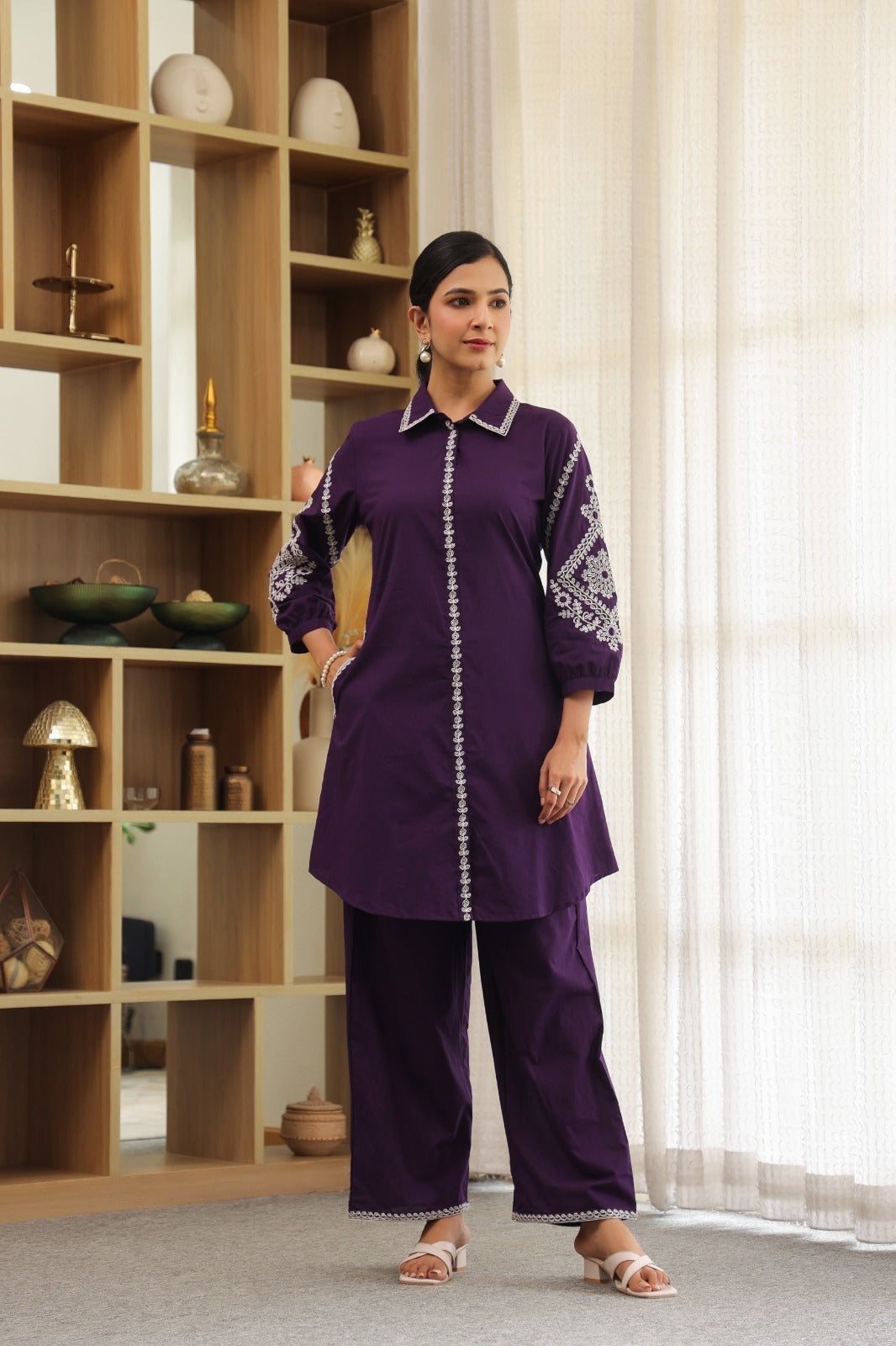 Purple Petals Embroidery Cotton Co-ord Set