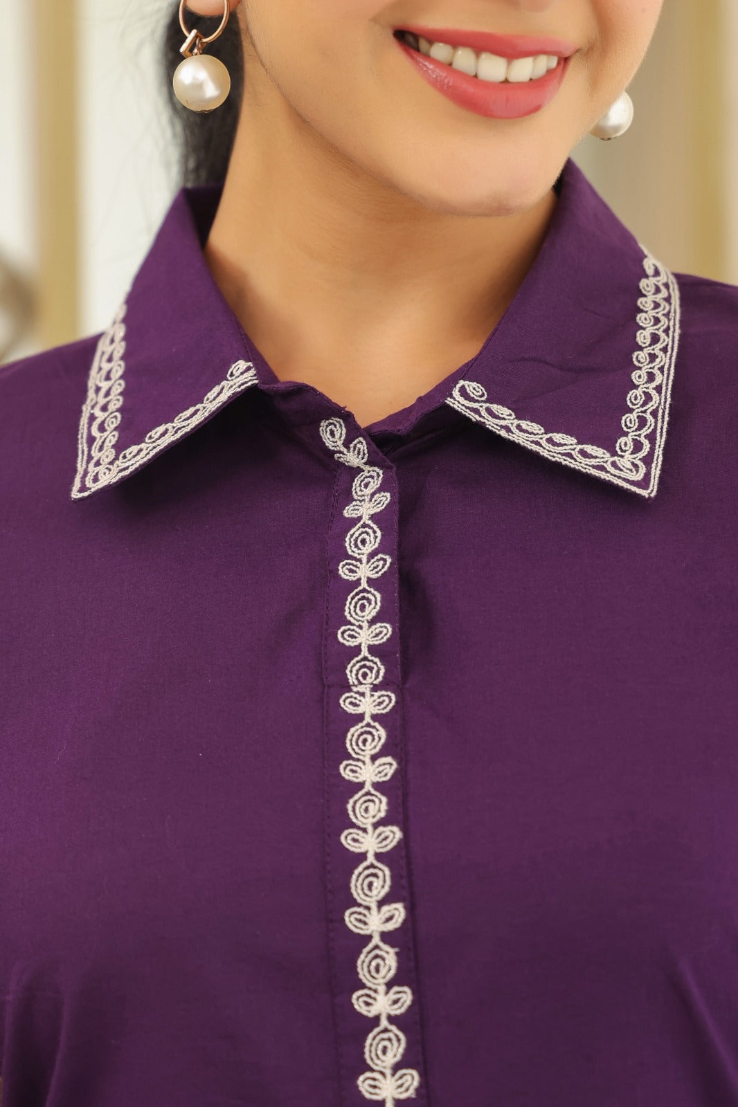 Purple Petals Embroidery Cotton Co-ord Set