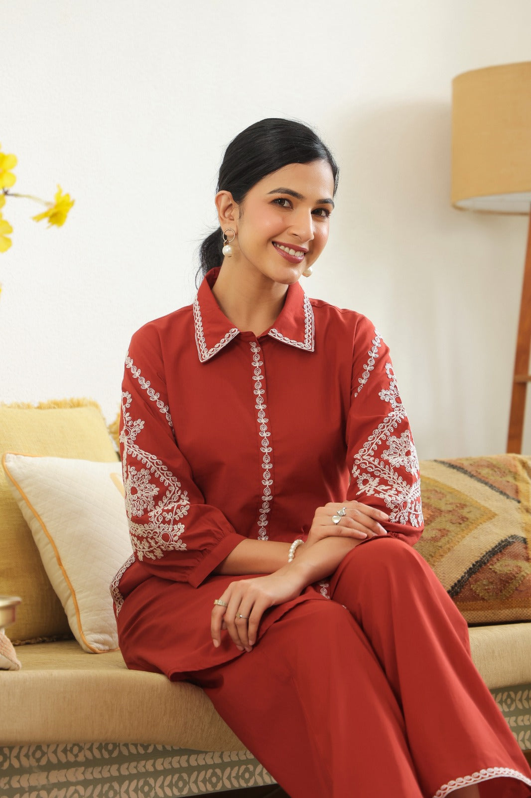 Rust Petals Embroidery Cotton Co-ord Set