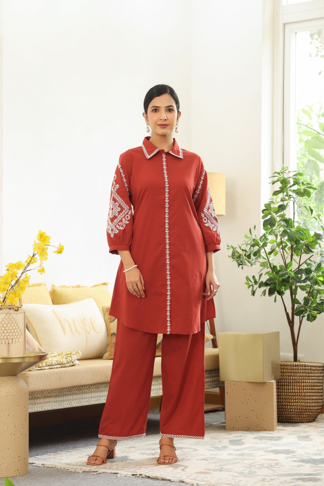 Rust Petals Embroidery Cotton Co-ord Set