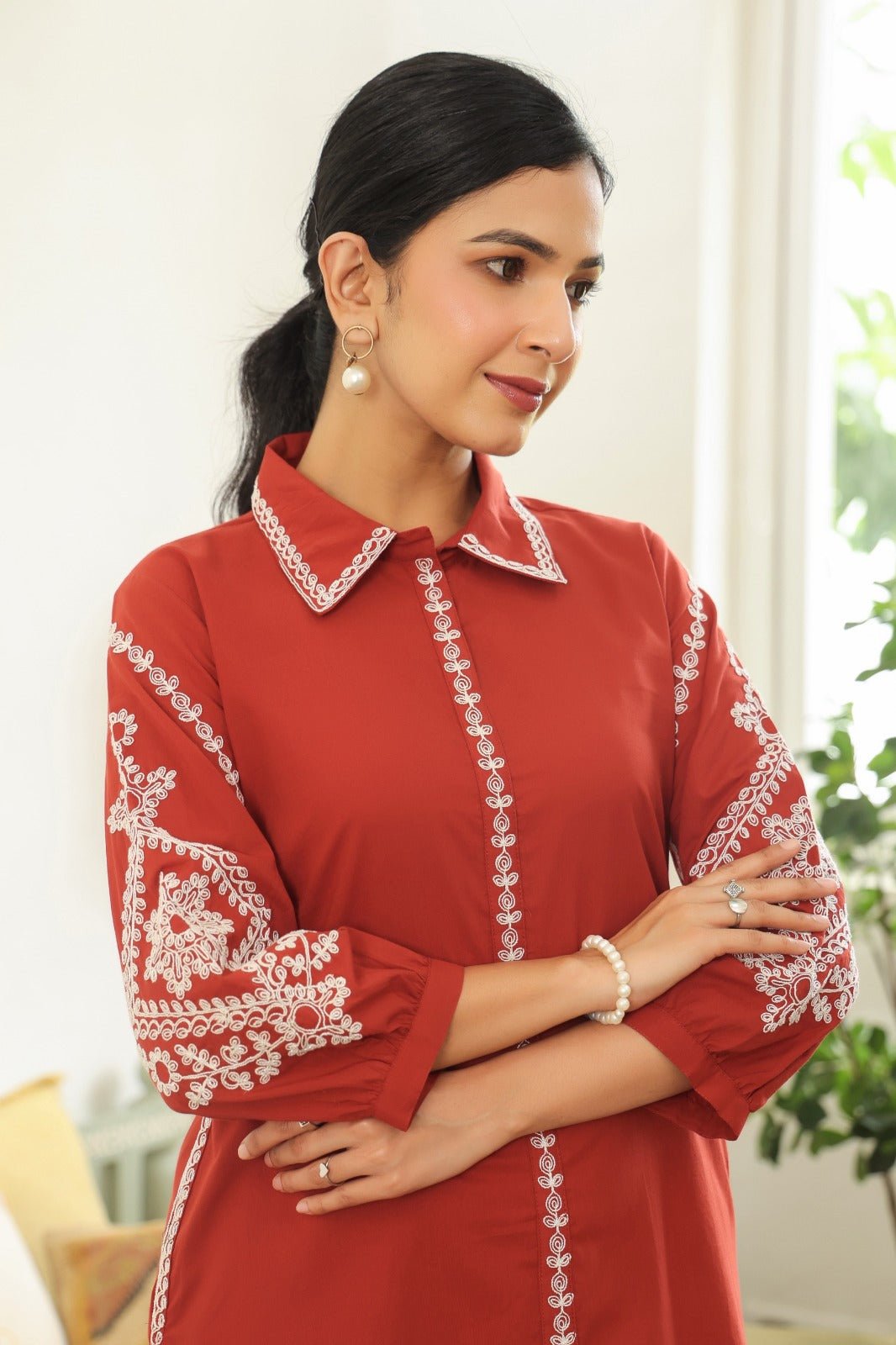 Rust Petals Embroidery Cotton Co-ord Set