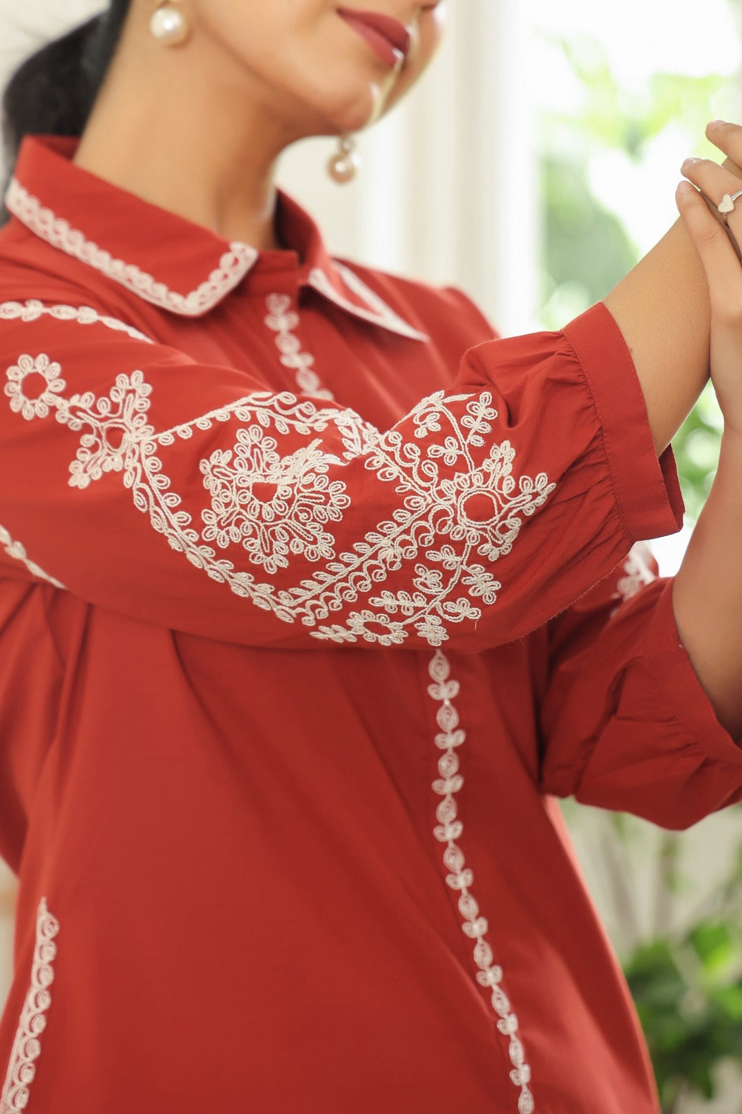 Rust Petals Embroidery Cotton Co-ord Set