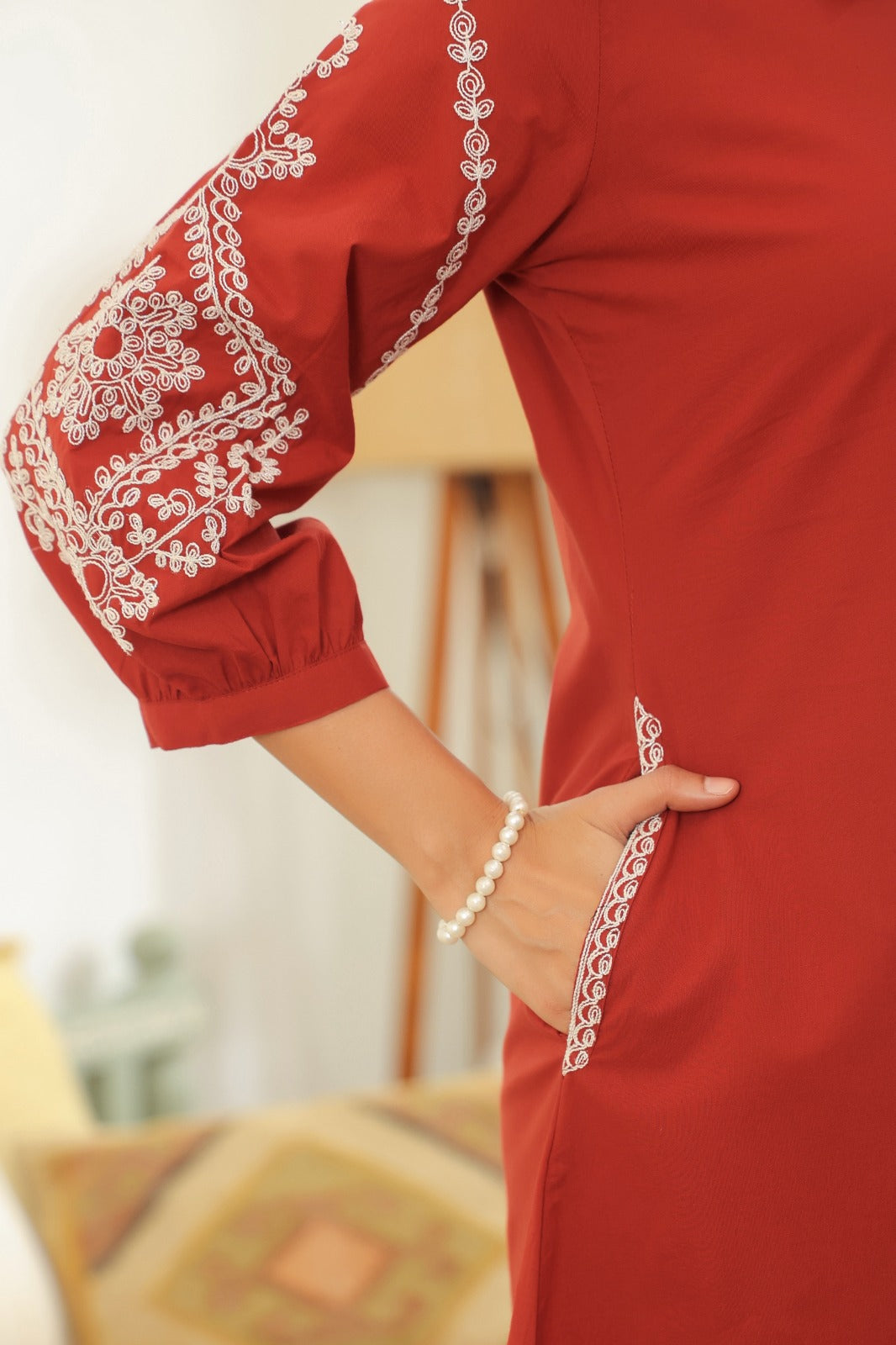 Rust Petals Embroidery Cotton Co-ord Set