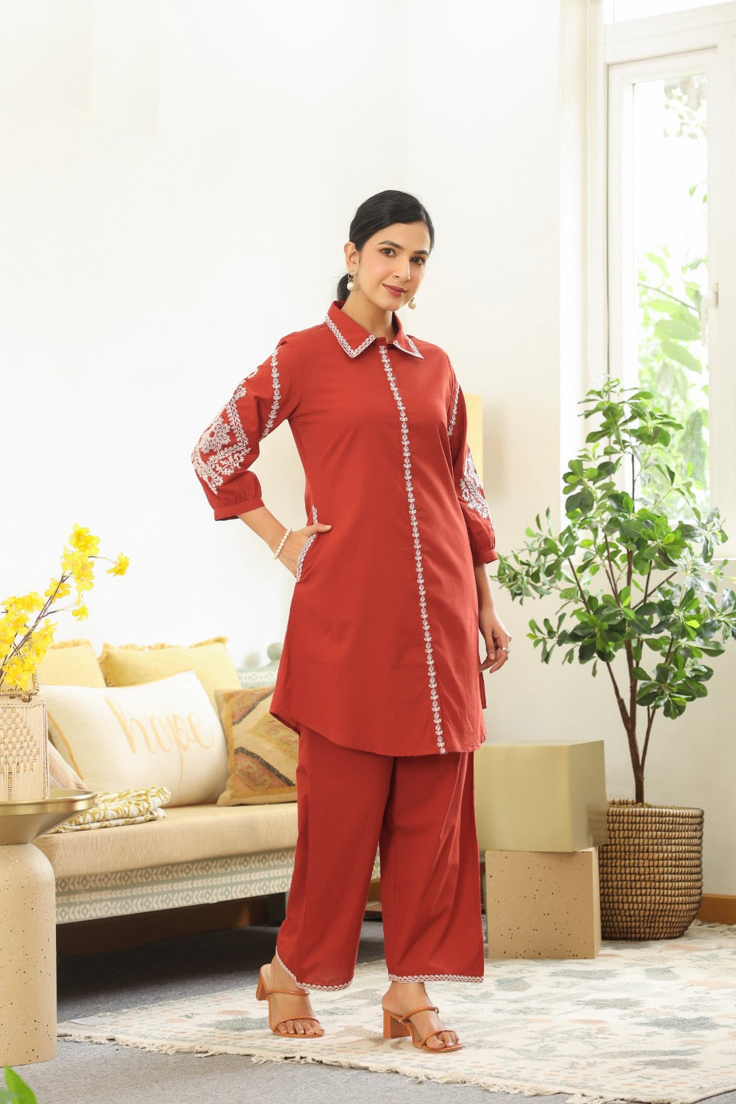 Rust Petals Embroidery Cotton Co-ord Set