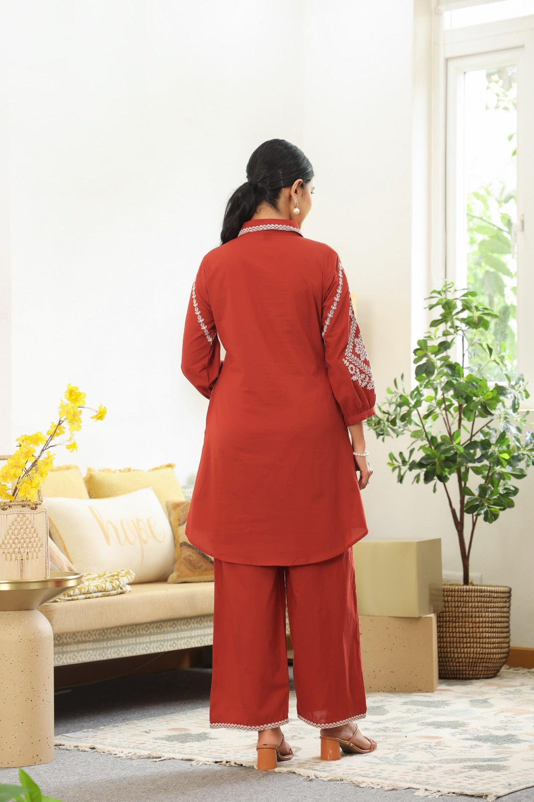 Rust Petals Embroidery Cotton Co-ord Set