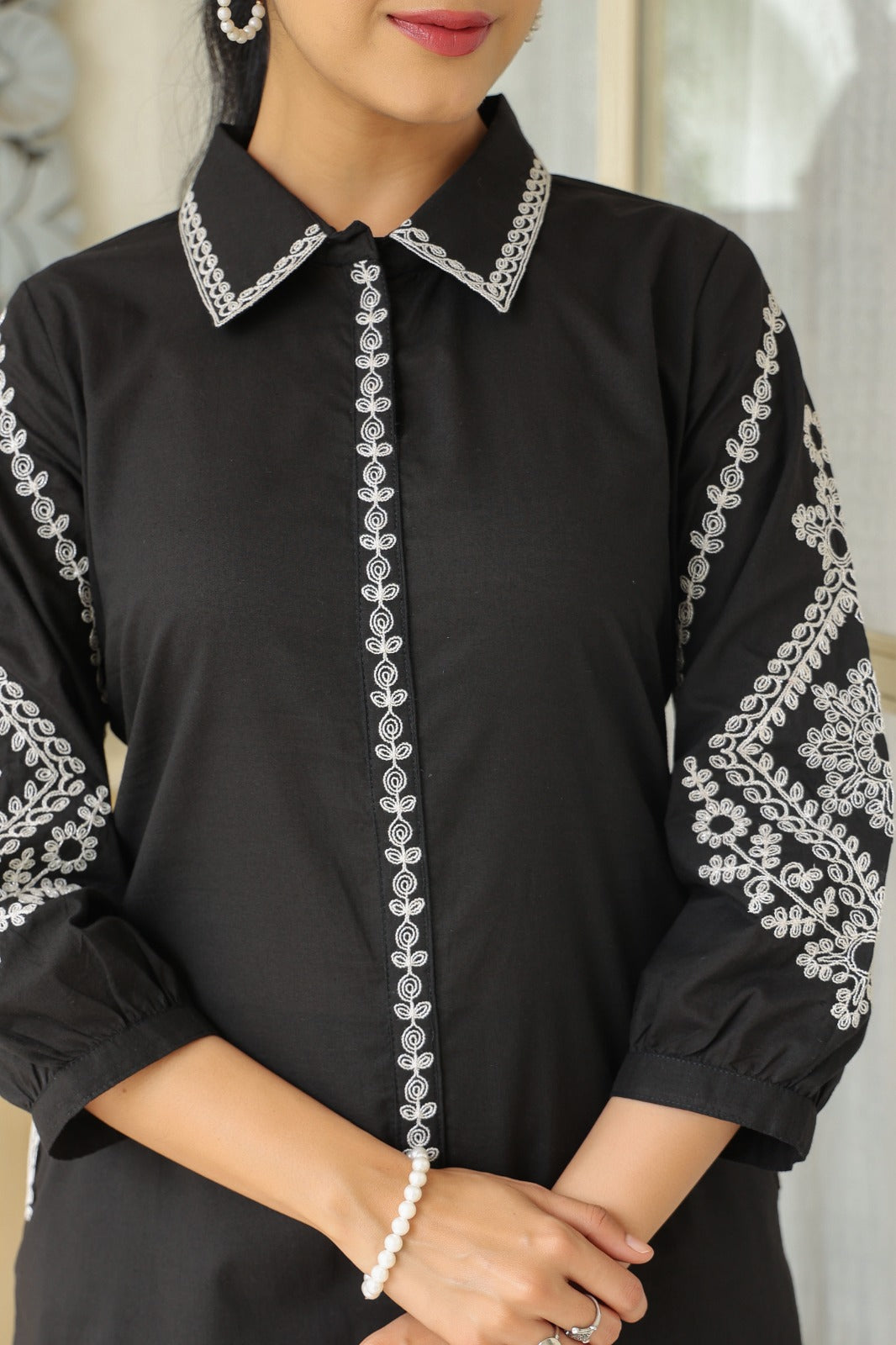 Black Petals Embroidery Cotton Co-ord Set