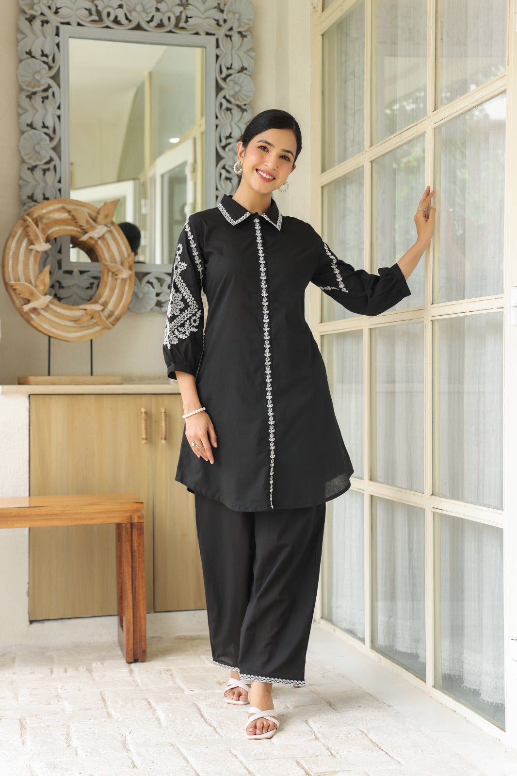 Black Petals Embroidery Cotton Co-ord Set