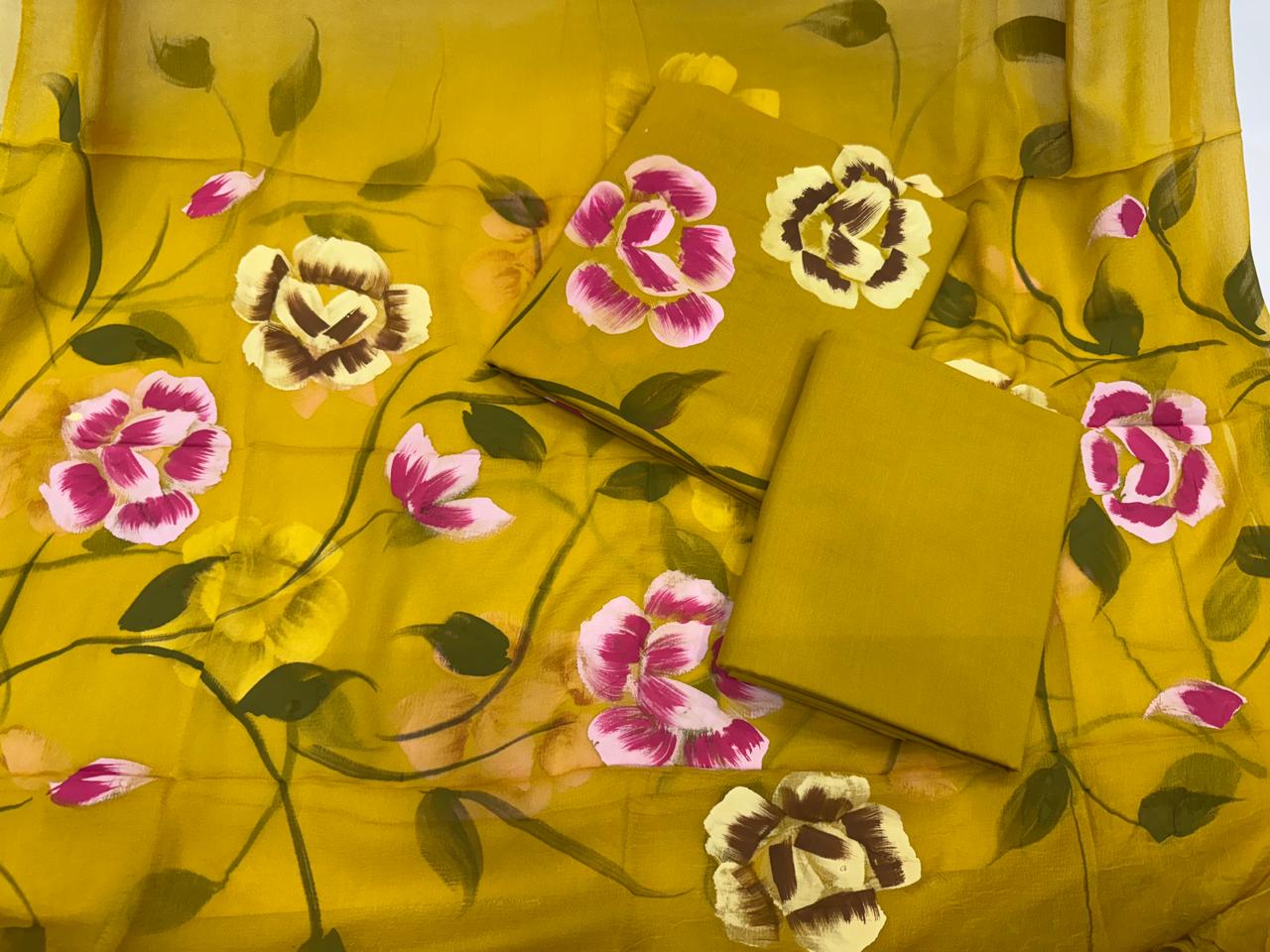 Hand Brush Painted Cotton Suit with Chiffon Duppata