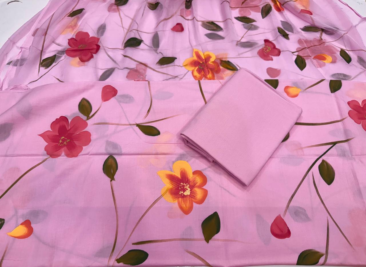 Hand Brush Painted Cotton Suit with Chiffon Duppata