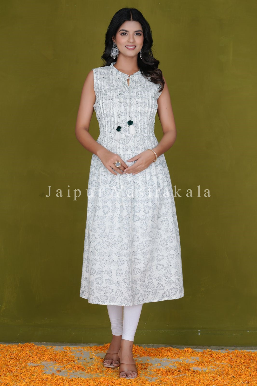 Ivory Leaves Sleeveless Cotton A-line Kurti