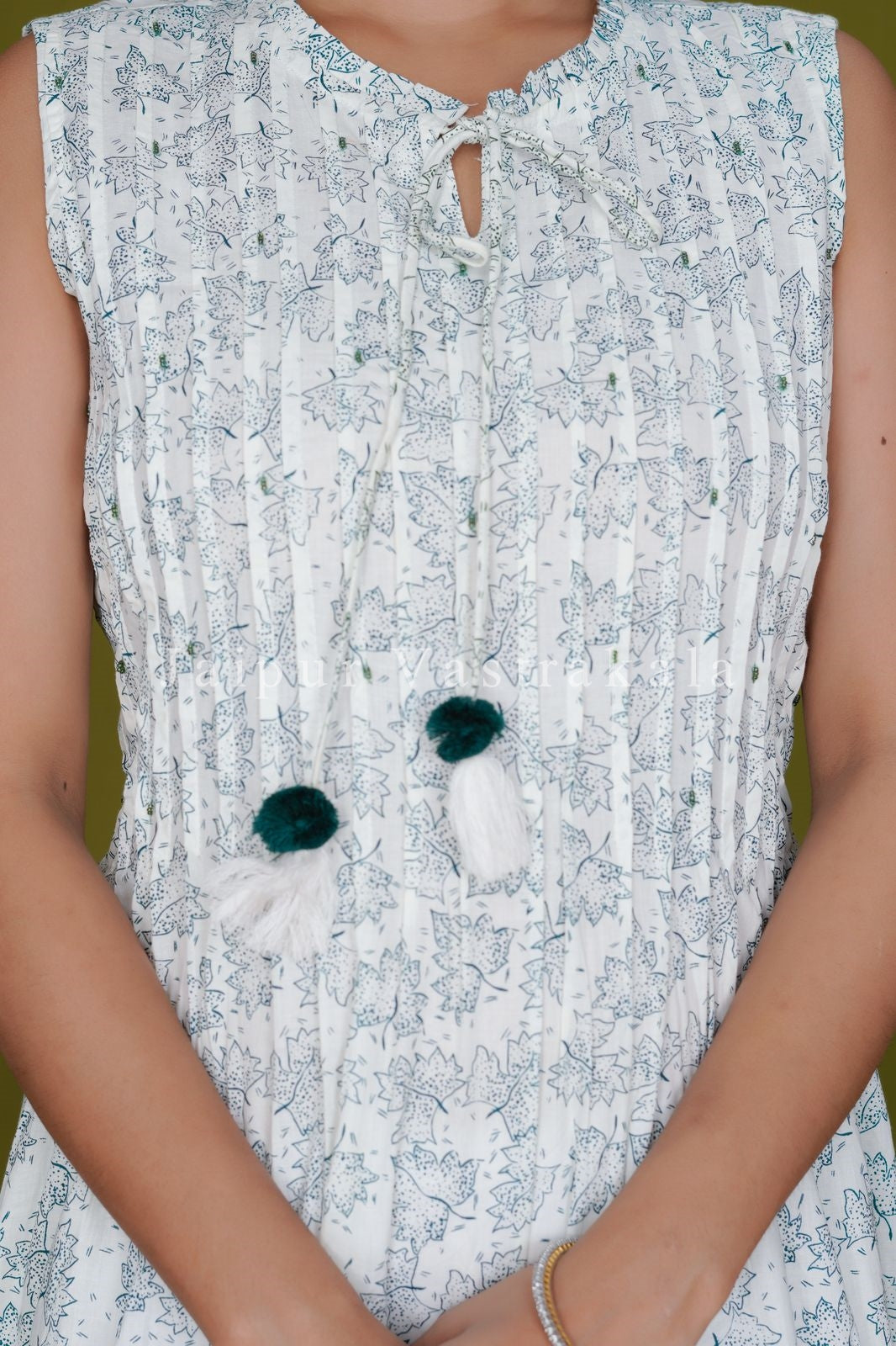 Ivory Leaves Sleeveless Cotton A-line Kurti