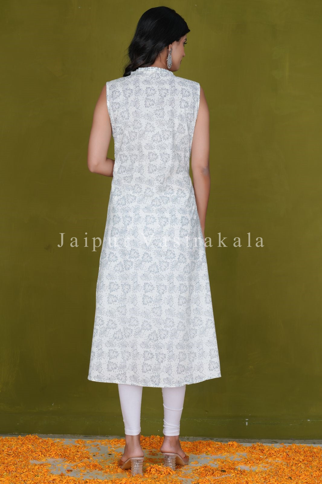 Ivory Leaves Sleeveless Cotton A-line Kurti