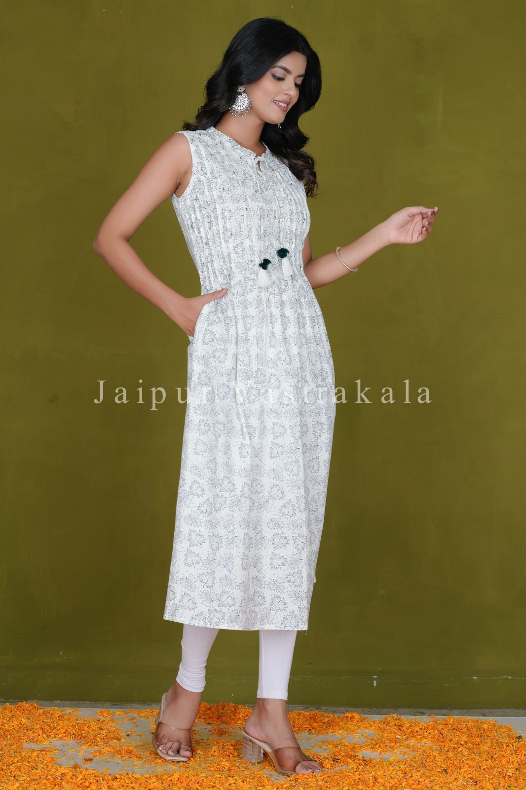Ivory Leaves Sleeveless Cotton A-line Kurti