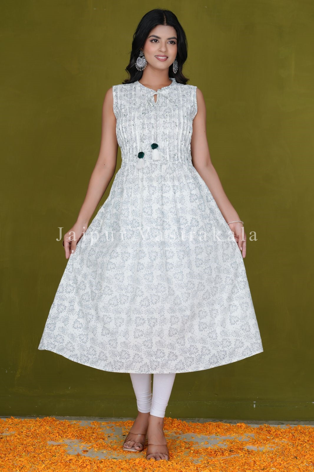 Ivory Leaves Sleeveless Cotton A-line Kurti