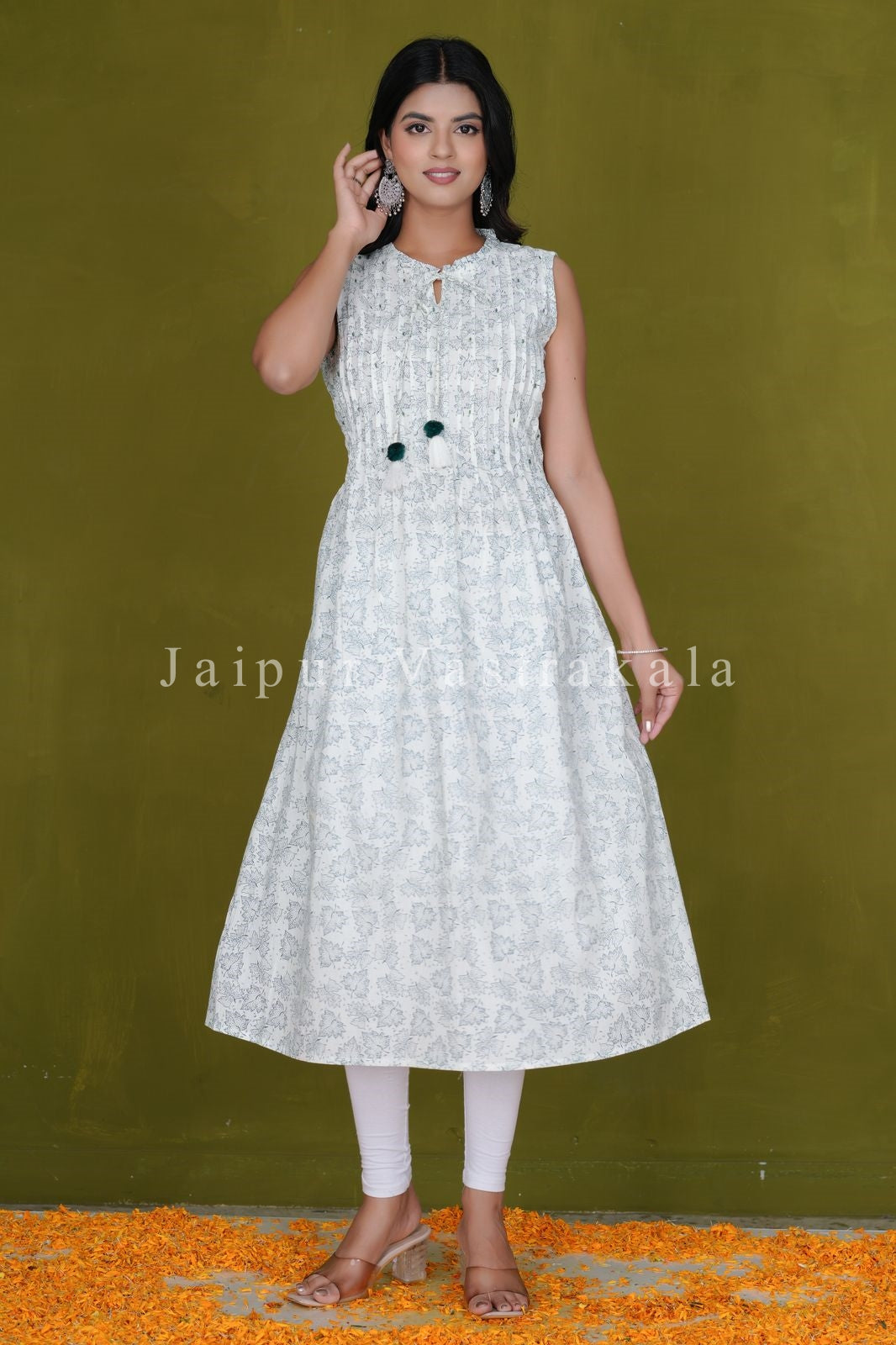 Ivory Leaves Sleeveless Cotton A-line Kurti