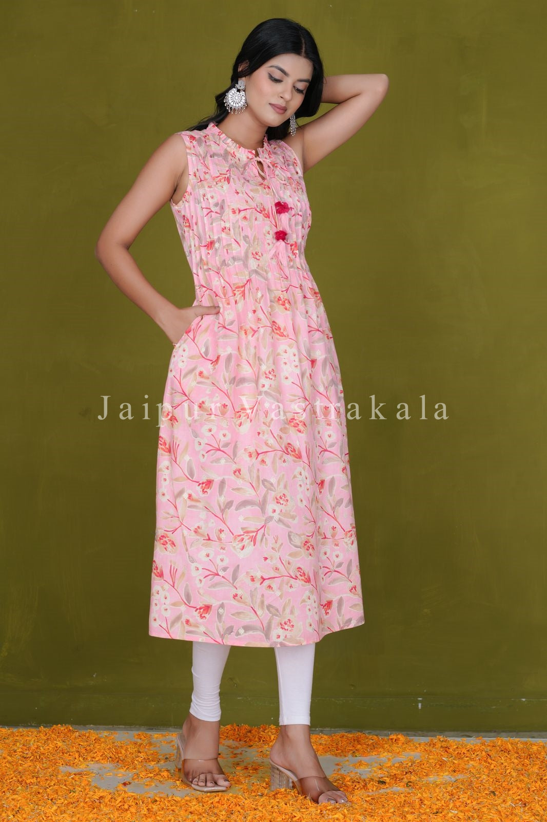 Pink Canopy Sleeveless Cotton A-line Kurti