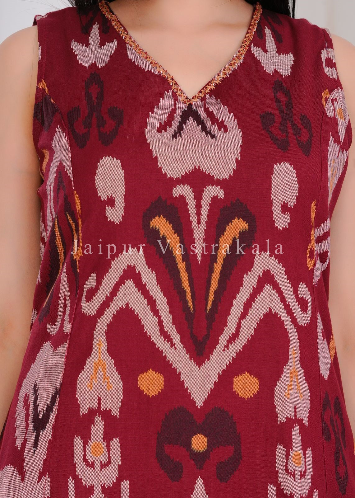 Maroon Ikkat Sleeveless Cotton Flex Kurti