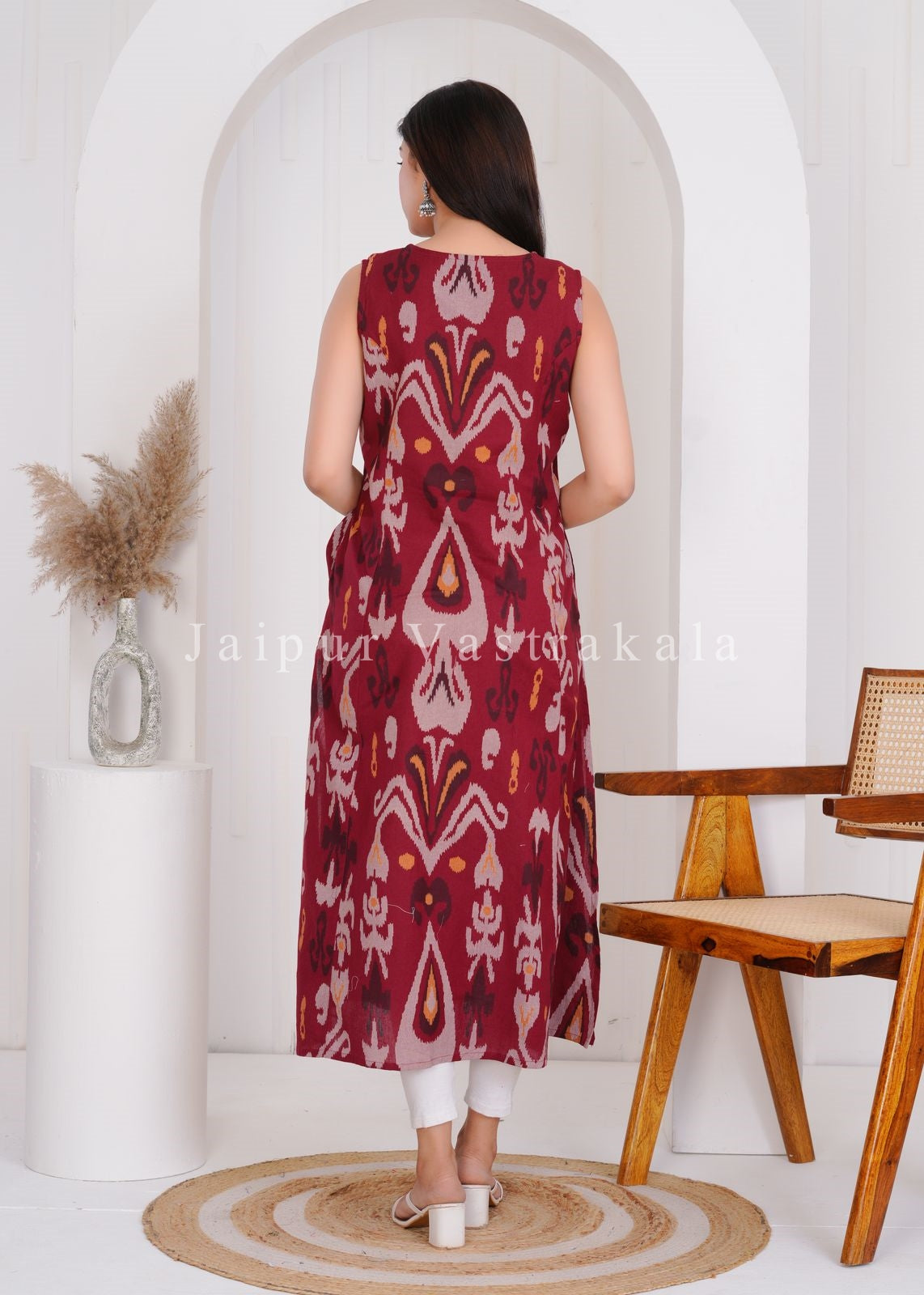 Maroon Ikkat Sleeveless Cotton Flex Kurti
